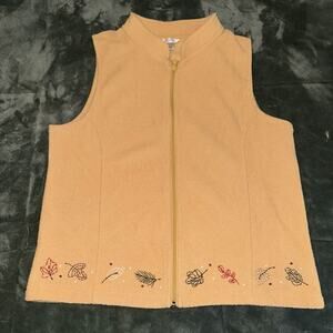 Christopher & Banks VTG Vest Women’s Large Tan Leaves Embroidered Full Zip